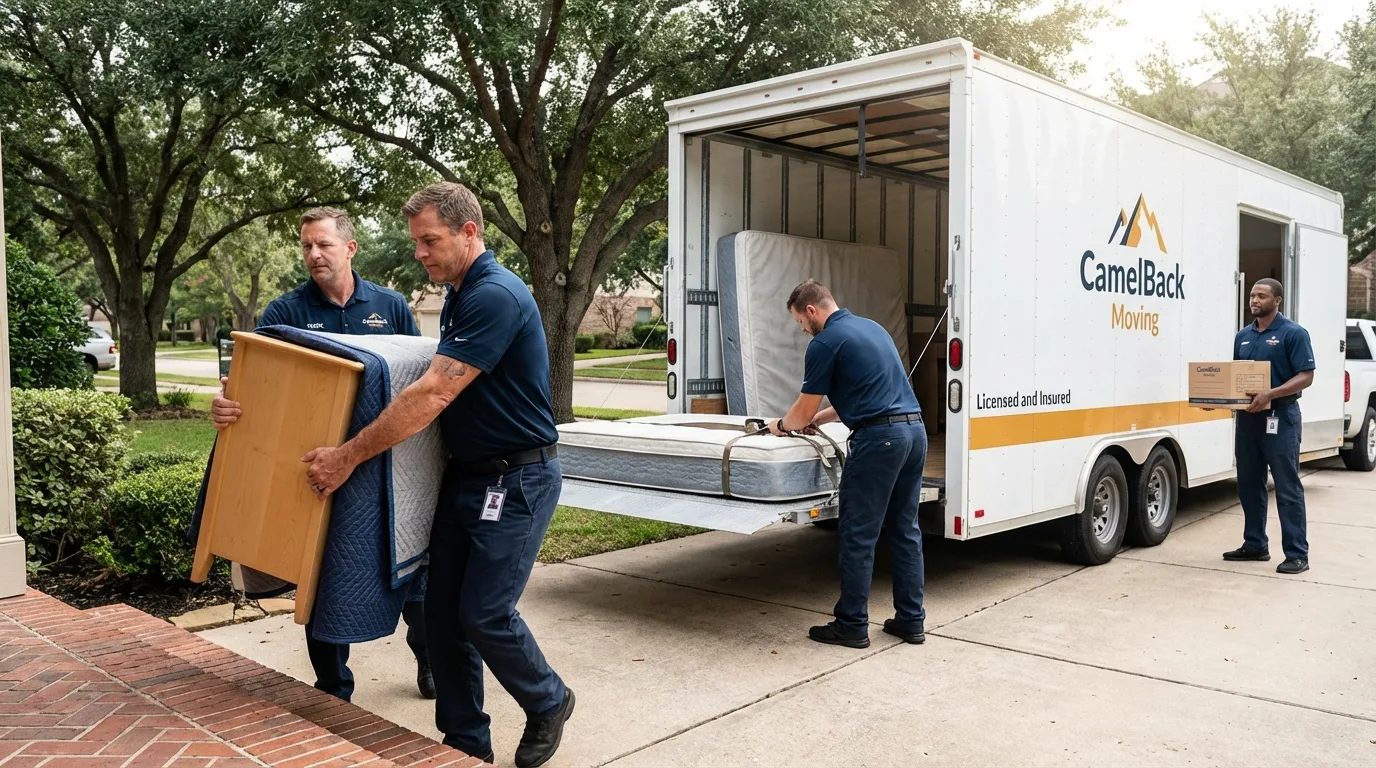 Crew loading residential truck for cross-state move from Belmont, MA