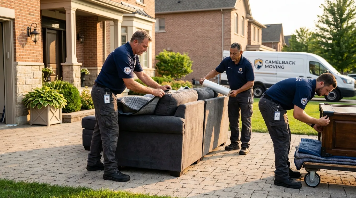 Large estate moving crew wrapping furniture in Belmont, MA