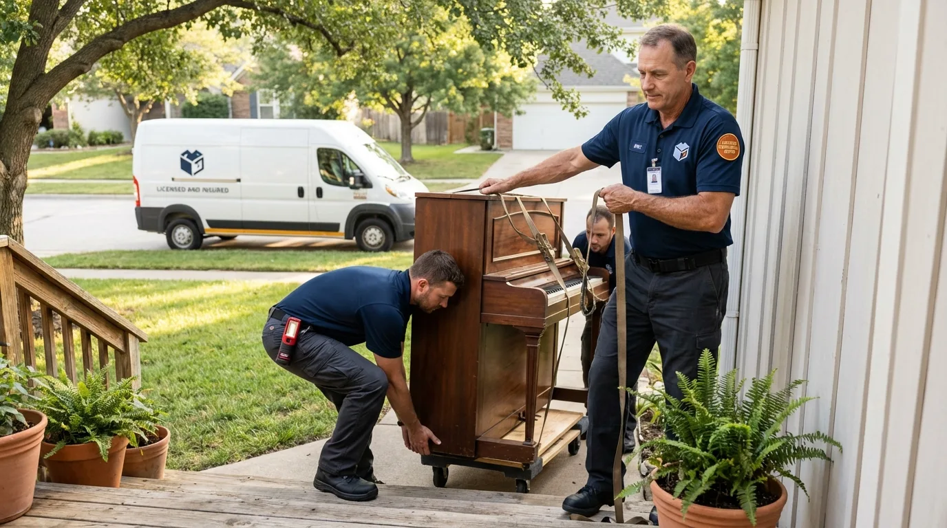 Licensed piano movers securing grand piano in Belmont, MA