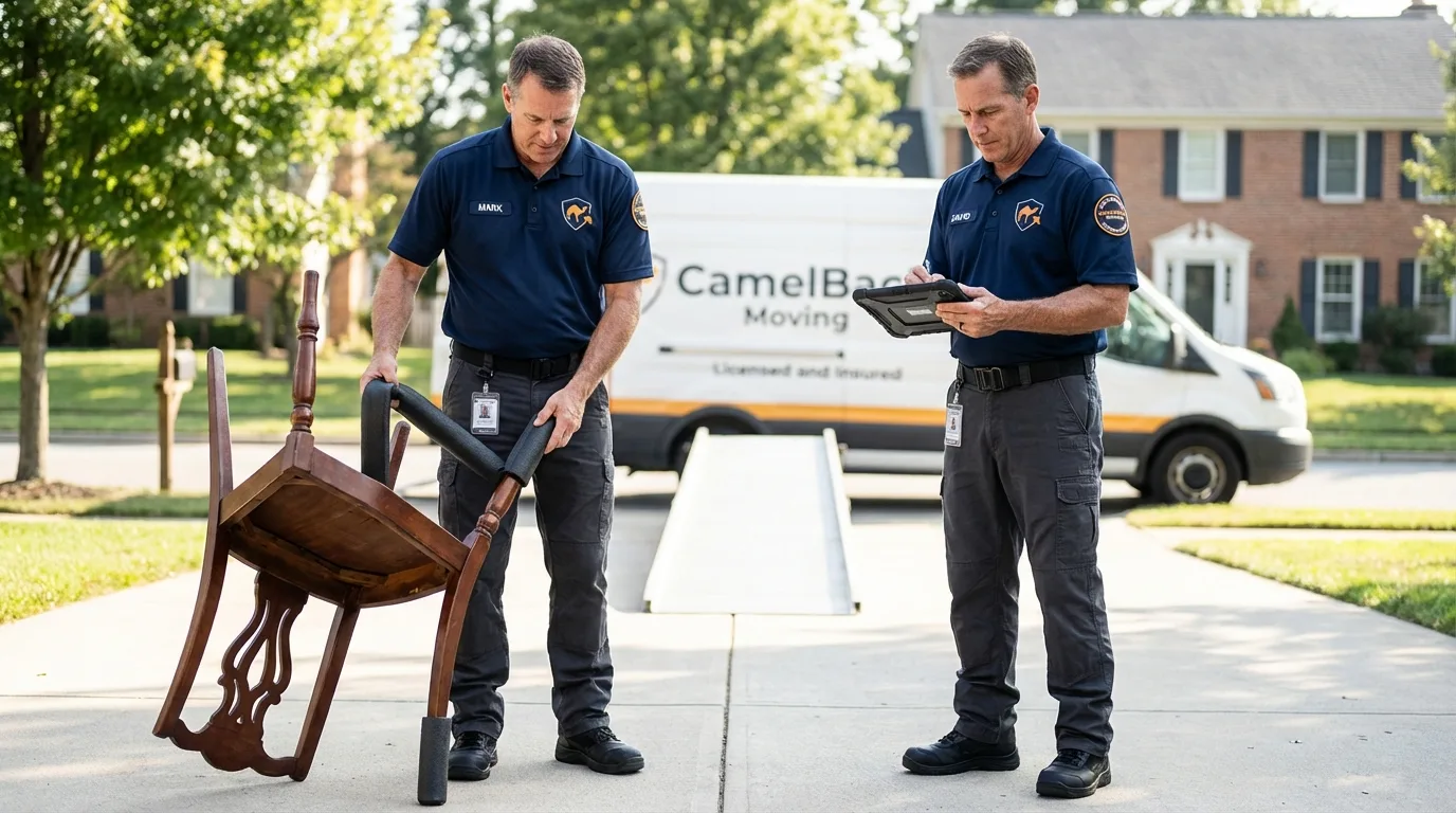 Movers inspecting furniture for damage prevention before loading in Belmont, MA