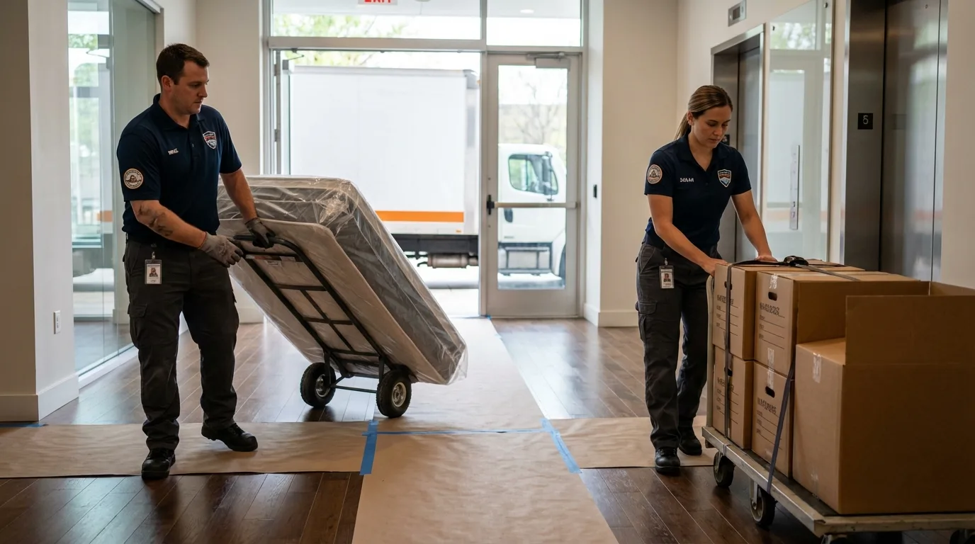 Professional apartment movers loading elevator in Belmont, MA