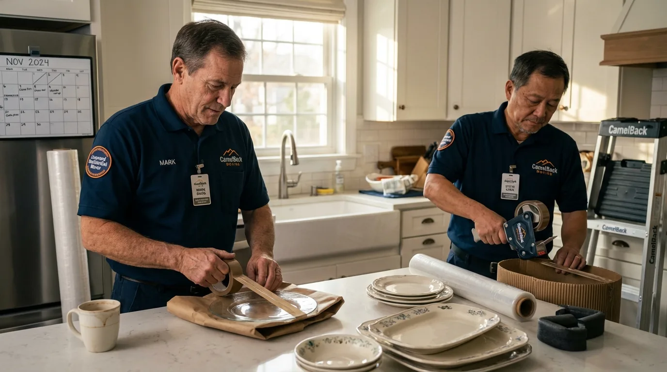 Professional crew packing kitchen dishware in Belmont, MA